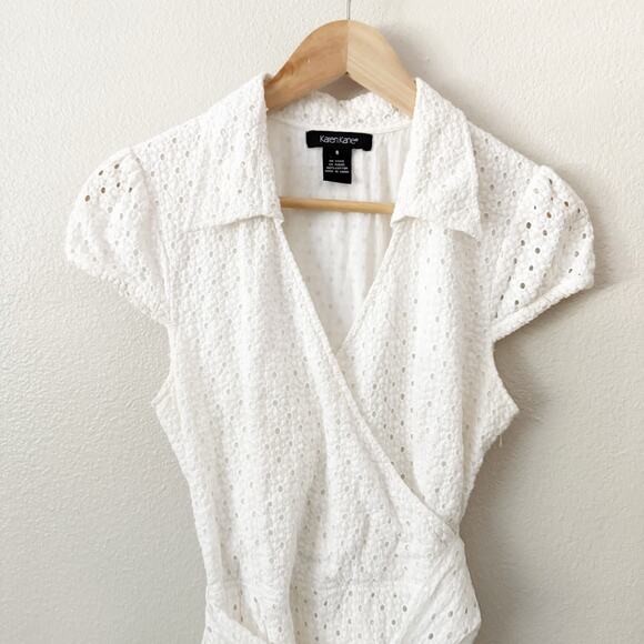 KAREN KANE | White Eyelet Embroidered Wrap Dress Collar Cap Sleeve Tie | Size 8 - Picture 2 of 10